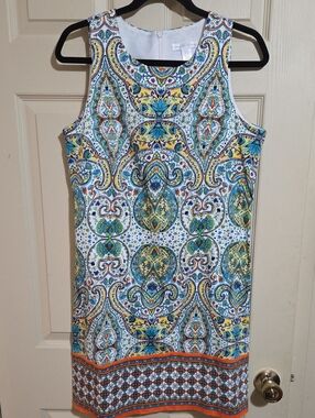 London Times White Paisley-Print Midi Sheath with Blue, Green & Yellow Accents